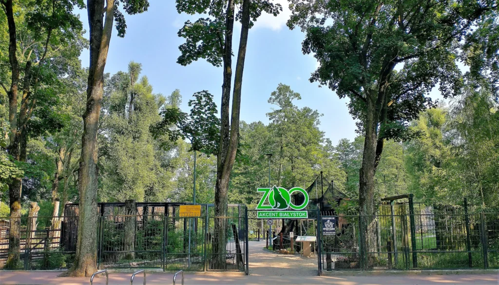 Wejście do Akcent ZOO w Białymstoku, otoczone drzewami i zielenią Parku Konstytucji 3 Maja.